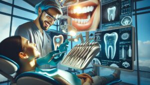 a dentist using advanced tools to examine a patient’s teeth, with holographic displays showing dental hygiene, tooth structure, and oral care techniques for maintaining clean dental veneers.