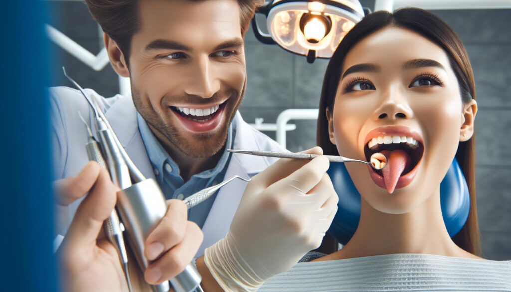 a dentist examining a patient’s tongue with dental tools, highlighting oral health assessment.
