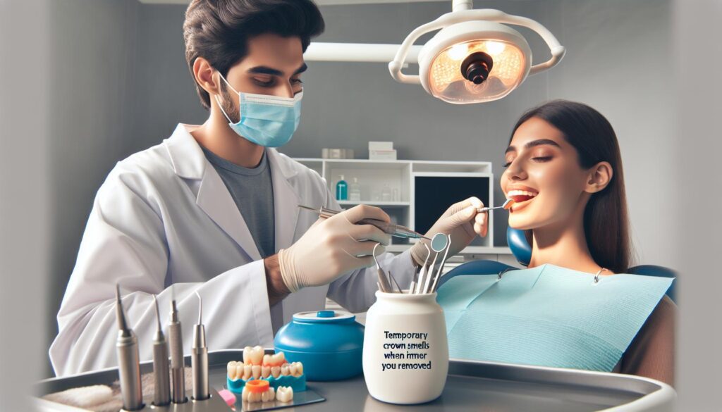 a dentist examining a patient’s teeth during a dental procedure, with a container labeled "Temporary crown smells when removed" and dental tools visible.