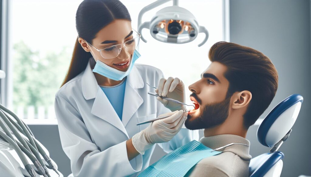 a dentist examining a patient’s teeth with dental tools, highlighting expert cosmetic dentistry procedures for a flawless smile.