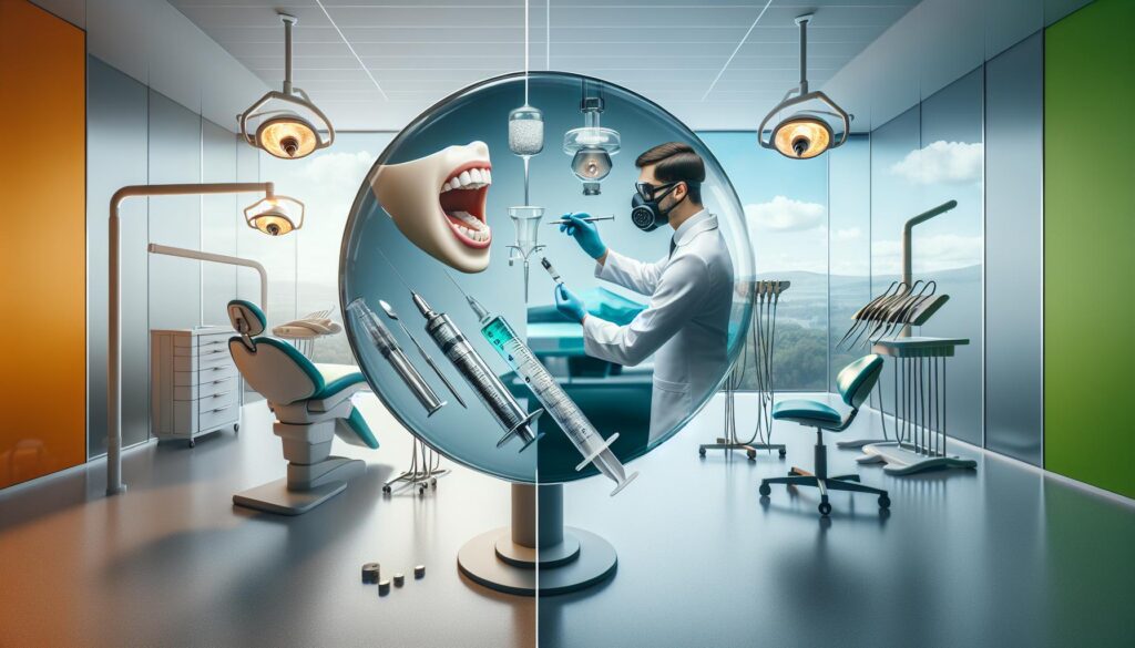 a dentist comparing nitrous oxide sedation tools with traditional dental anesthesia syringes in a modern clinic setting, highlighting sedation dentistry options.