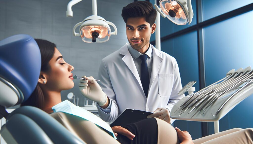 a dentist examining a pregnant woman’s teeth using dental tools in a modern clinic setting