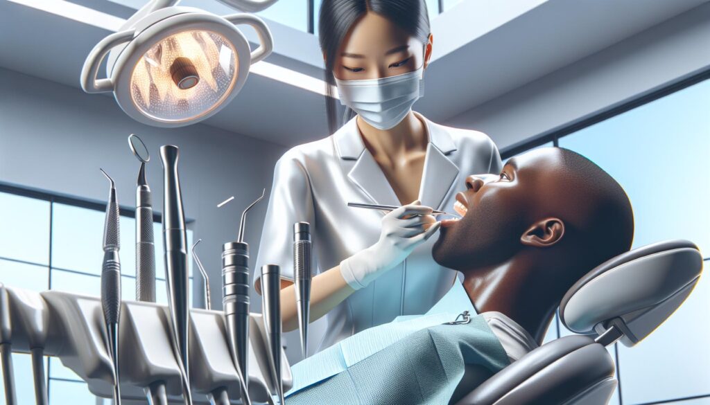 a dentist examining a patient’s teeth in a clinical setting using dental tools, with overhead lighting and sterilized instruments.