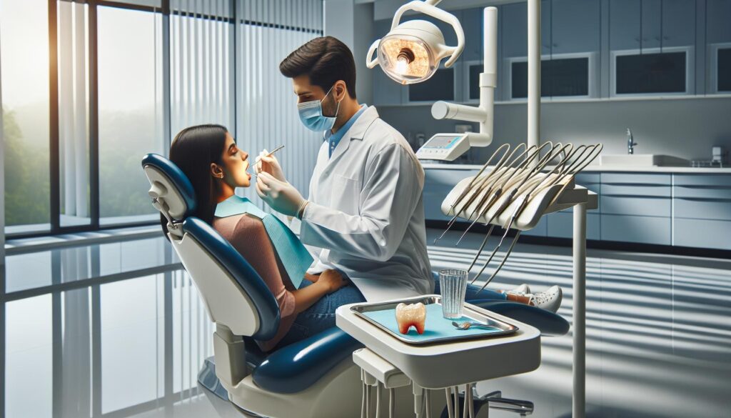 a dentist examining a patient’s mouth for gum inflammation using dental tools in a sterile clinic setting