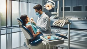 a dentist examining a patient’s mouth for gum inflammation using dental tools in a sterile clinic setting