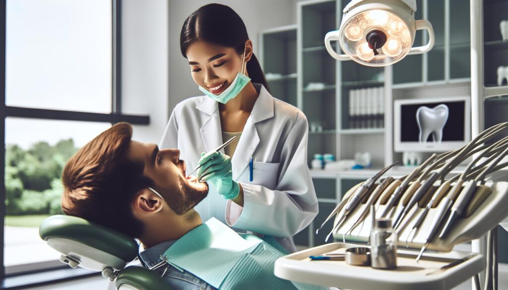 a dentist examining a patient’s mouth for signs of tooth decay or oral health issues using dental tools.