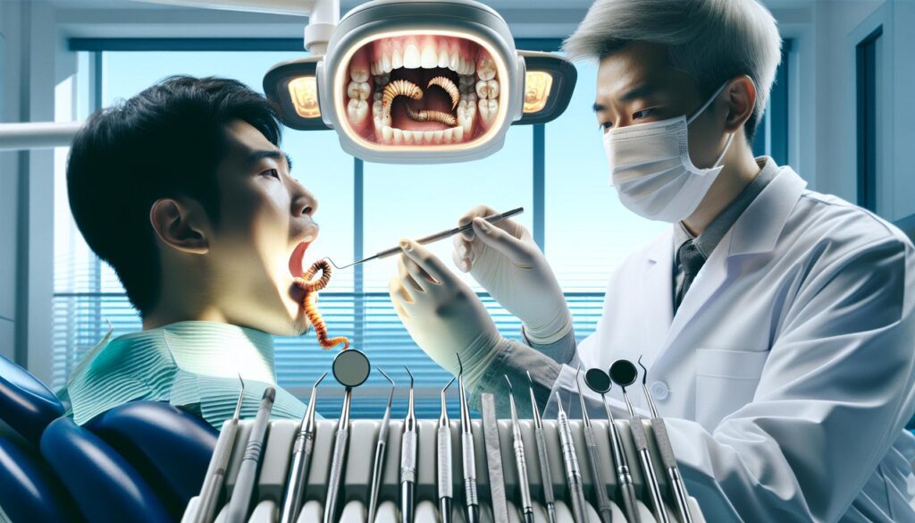 a dentist examining a patient’s mouth using dental tools, highlighting oral health care with a dental light and instruments.