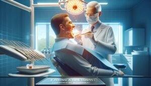 a dentist examining a patient’s chipped tooth in a modern clinic setting with dental tools nearby.