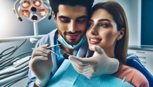 a dentist examining a patient’s teeth with dental tools during an endodontic treatment, showcasing post-procedure care.