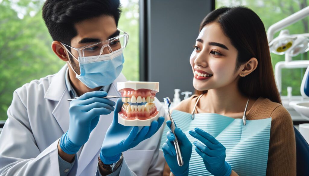 a dentist showing a patient a dental model highlighting teeth alignment while discussing smile improvement options.
