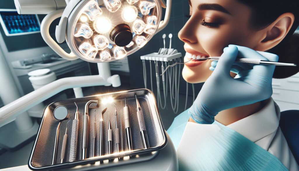 a dentist examining a patient’s mouth with dental tools, highlighting oral health procedures and potential tongue sensory evaluation.