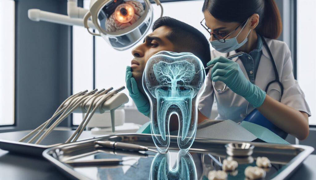 a dentist examining a patient’s tooth under dental magnification, highlighting a transparent cross-section of a cracked tooth with internal nerve structure visible.