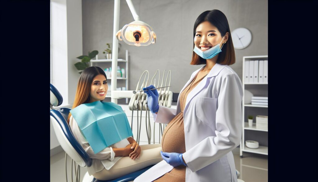 a pregnant woman receiving reassurance from a dentist during a tooth filling procedure in a modern clinic.