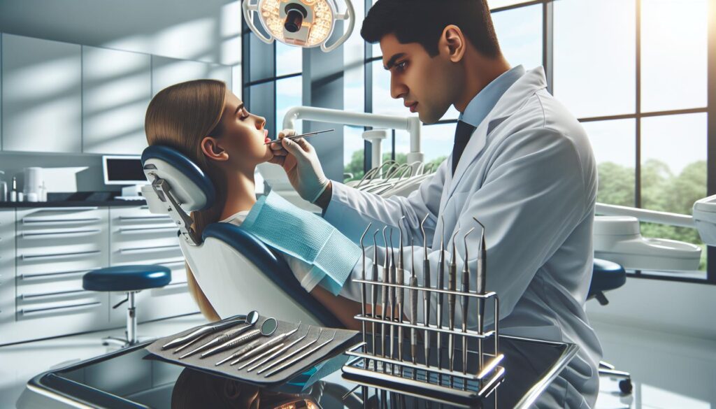 a dentist examining a patient’s teeth for jaw tooth pain using dental instruments in a clinical setting