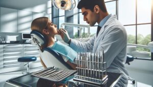 a dentist examining a patient’s teeth for jaw tooth pain using dental instruments in a clinical setting