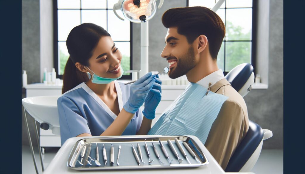 a dentist examining a patient’s dental crown with dental tools, showing a clean and healthy oral check-up environment