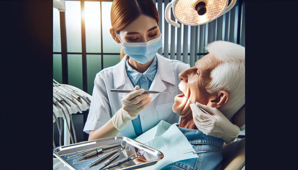 a dentist examining a patient’s mouth with dental tools, highlighting potential sinus-related jaw pain during an oral health checkup