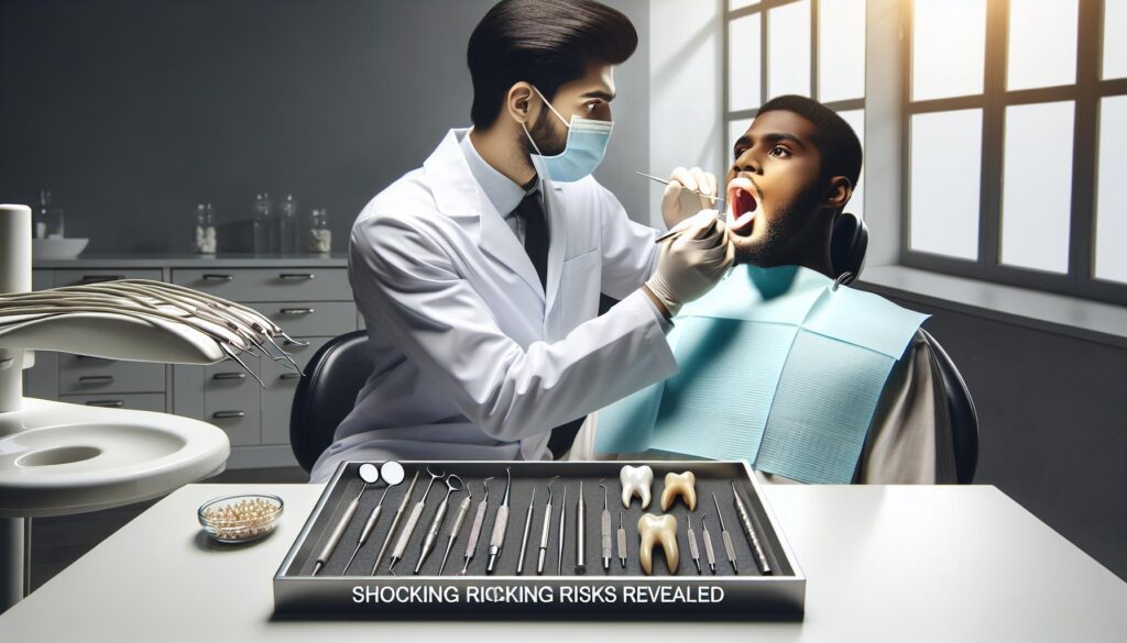 a dentist examining a patient’s mouth with dental tools, highlighting potential oral health risks, set against a tray of dental instruments and a "shocking risks revealed" caption.