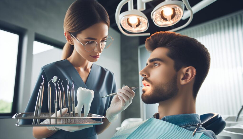 a dentist examining a patient’s teeth with dental instruments while holding a tray of dental crowns and tools.