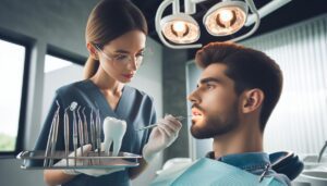 a dentist examining a patient’s teeth with dental instruments while holding a tray of dental crowns and tools.