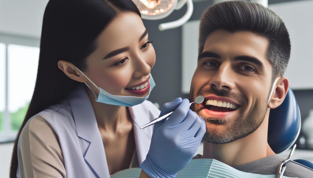 a dentist examining a patient’s teeth with a dental mirror, highlighting oral health during a check-up.