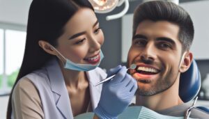 a dentist examining a patient’s teeth with a dental mirror, highlighting oral health during a check-up.