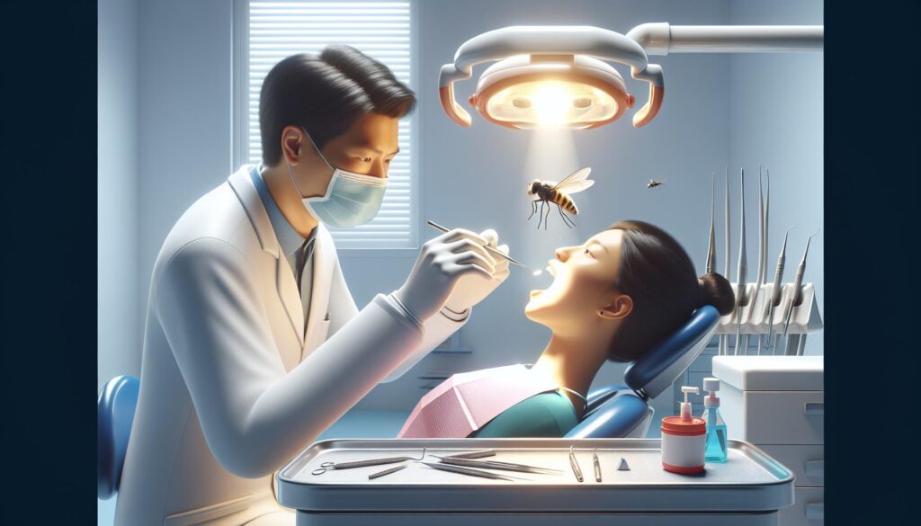 a dentist examining a patient’s throat while a cartoon bee flies near her open mouth in a clinical setting.