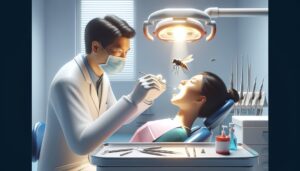 a dentist examining a patient’s throat while a cartoon bee flies near her open mouth in a clinical setting.
