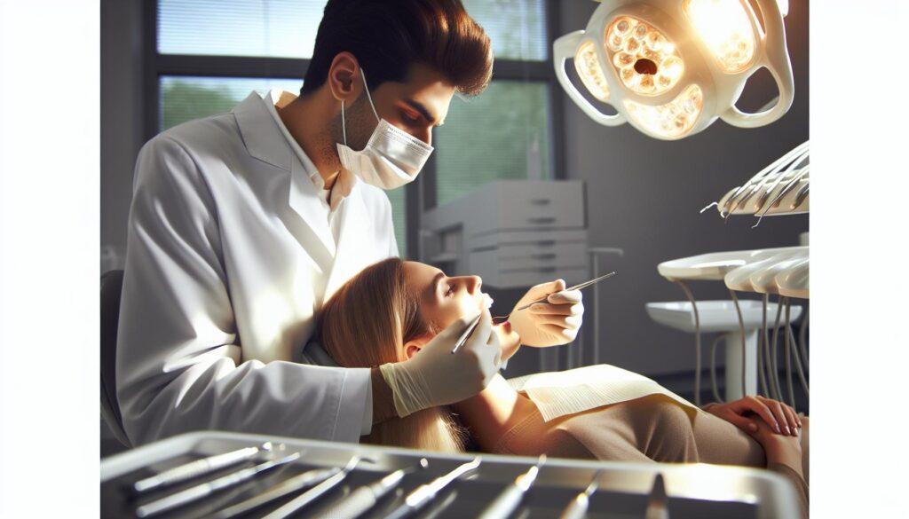 a dentist examining a patient’s mouth during a dental procedure to address potential gum abscess risks.