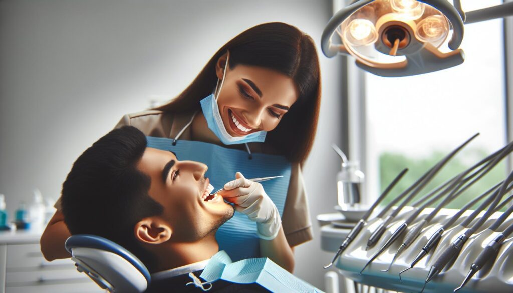 a dentist using dental tools to examine a patient’s teeth while both appear relaxed in a professional clinic setting