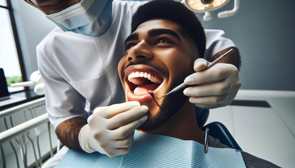 a dentist examining a patient’s mouth with dental tools, focusing on oral hygiene and potential tongue swelling concerns.