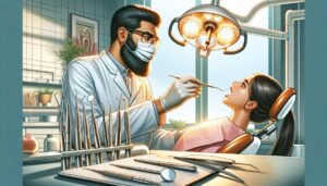a dentist examining a patient’s wobbly tooth using dental tools, illustrating professional care for a dental injury.