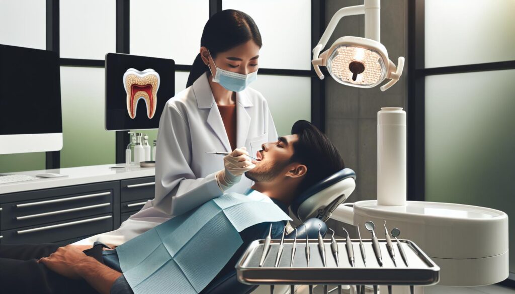 a dentist examining a patient’s mouth for potential dental issues, using dental tools and equipment in a clinical setting.