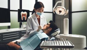 a dentist examining a patient’s mouth for potential dental issues, using dental tools and equipment in a clinical setting.