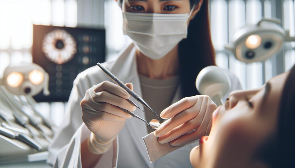 a dentist in protective mask and gloves using precision tools to examine a patient’s tooth, likely addressing potential oral health issues like dental decay or infection.