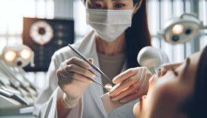 a dentist in protective mask and gloves using precision tools to examine a patient’s tooth, likely addressing potential oral health issues like dental decay or infection.