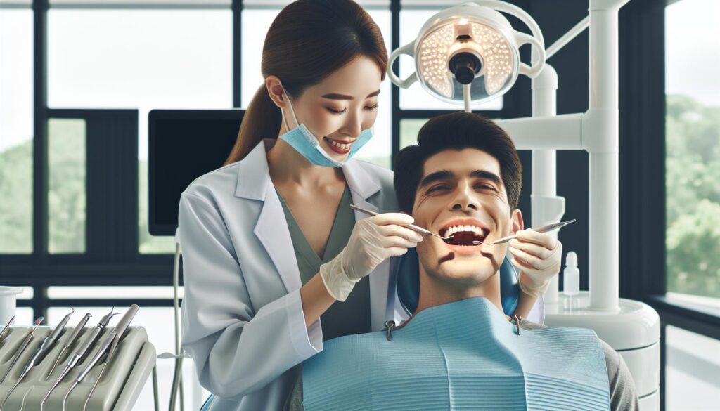 a dentist examining a patient’s teeth during an endodontic procedure for tooth restoration