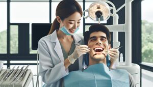 a dentist examining a patient’s teeth during an endodontic procedure for tooth restoration