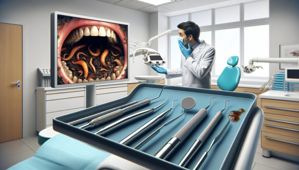 a shocked dentist examining a retainer case filled with maggots on a monitor, surrounded by dental tools.