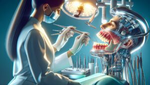 a dentist performing root canal treatment on a patient with exposed tooth decay and infection, highlighting internal dental structure and potential causes of foul tooth odor.