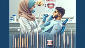 a dental hygienist in protective gear examining a patient’s teeth in a modern clinic, surrounded by dental tools.