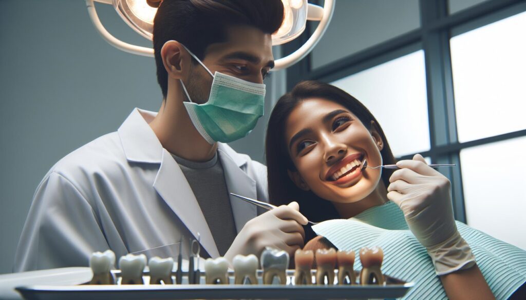 a dentist examining a patient’s teeth with dental tools while the patient smiles, showing a dental procedure in a clinic setting.