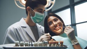 a dentist examining a patient’s teeth with dental tools while the patient smiles, showing a dental procedure in a clinic setting.