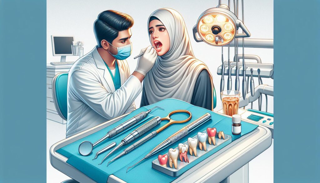 a dentist examining a patient’s teeth while dental tools, including probes and models of teeth with abscesses, are displayed on a tray.