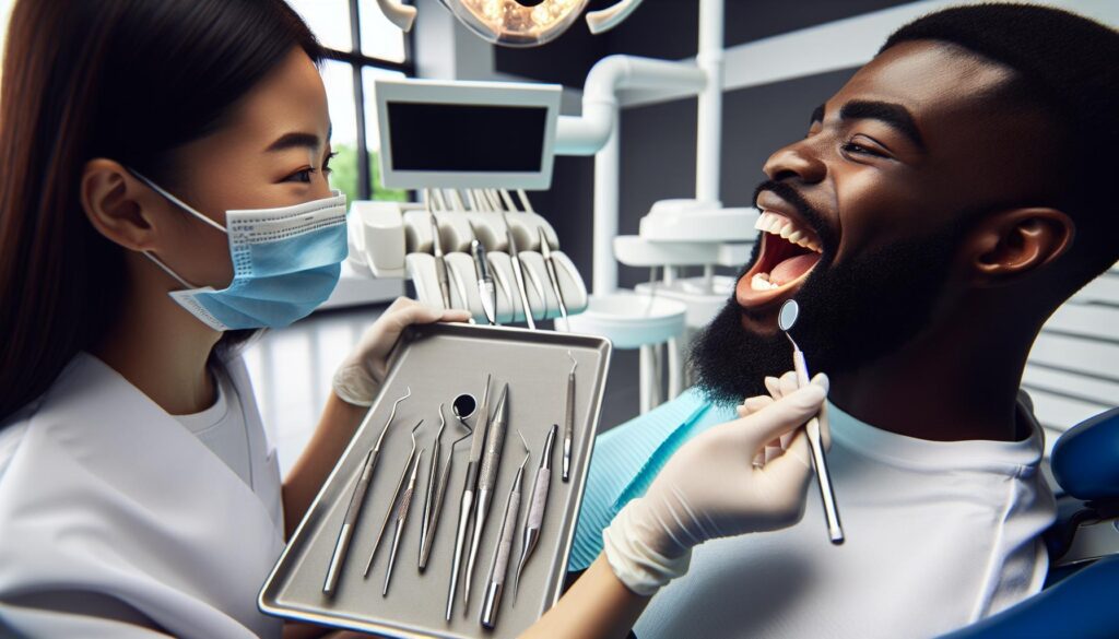 a dentist examining a patient’s teeth with a dental mirror while holding dental tools, illustrating a dental impression process.