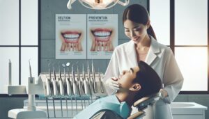a dentist examining a patient’s teeth in a clinical setting with dental tools and informational posters on selection and prevention of dental procedures.