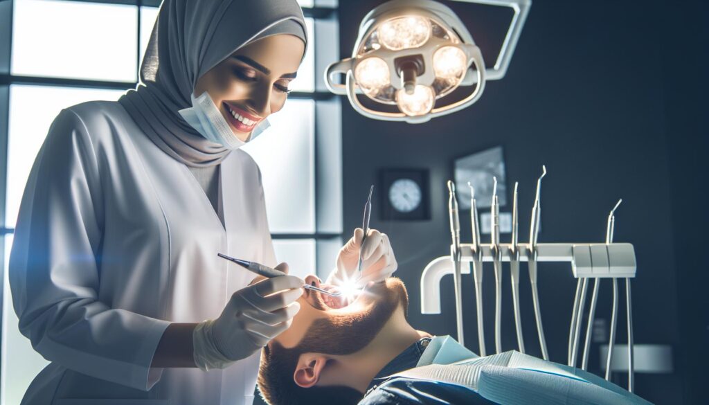 a dentist in protective gear using dental tools on a patient reclined in a chair, showcasing a calm dental procedure environment