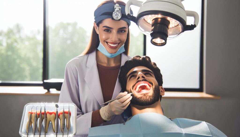 a dentist examining a patient’s mouth with dental tools while a dental light illuminates the area