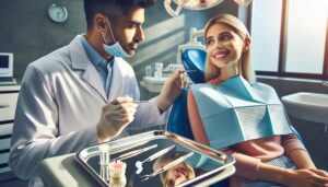 a dentist showing dental tools to a smiling patient in a clinic setting, highlighting oral health care.