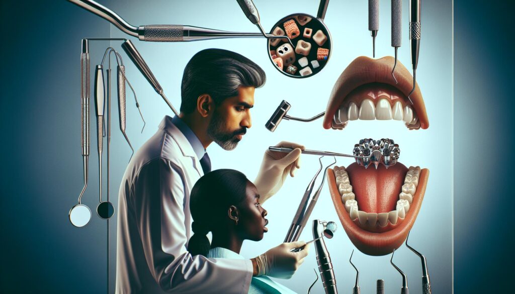 a dentist examining dental tools and models illustrating jaw and tooth anatomy linked to potential referred pain sources like ear infections